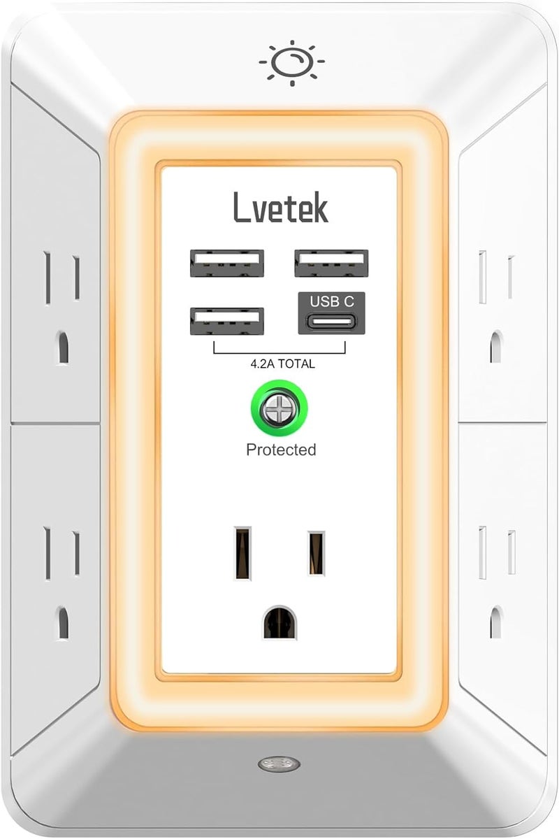 Lvetek Multi Plug Outlet Surge Protector - 3-Sided Power Strip with 5 Outlet Extender and 4 USB Ports(1 USB-C) and Night Light, USB Wall Charger for Home, Office, Travel, ETL Listed, White - Image 1